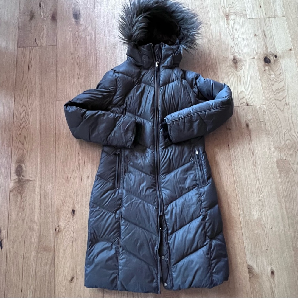 Calvin Klein Long Charcoal Down Puffer Coat with Faux Fur Hood